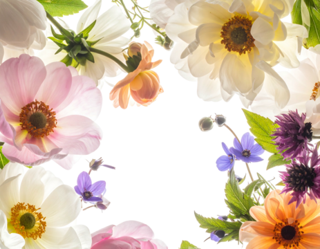 A vibrant floral arrangement featuring diverse blooms and foliage, creating a colorful frame around a central, dark space