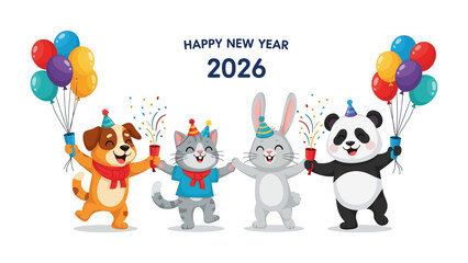 Fototapeta premium New Year's Celebration with Animal Friends: A vibrant and joyous scene, the image features a collection of animated animals, each adorned with celebratory hats and festive balloons.