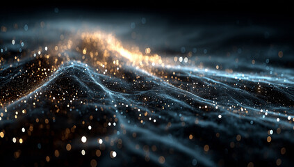Abstract glowing particles flow on wavy terrain with bokeh effect