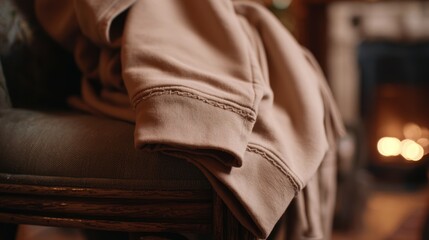 Fototapeta premium Close up of a folded beige fabric on a chair near a fireplace