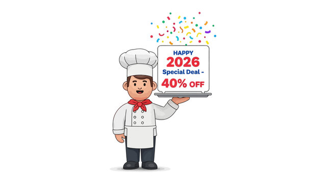 Culinary Countdown to Savings: A cheerful chef presents a promotional sign, heralding a Happy 2026 Special Deal with a generous 40% discount, accompanied by festive confetti.