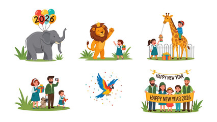 Joyous New Year 2026 Celebration: Adorable illustration celebrating the new year. Capturing the happiness with playful animals and festive decoration.