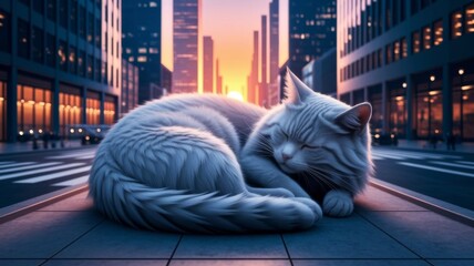 Giant sleeping cat at sunset in modern city skyline
