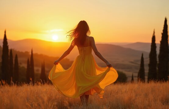 Woman in a flowing yellow dress twirls in a golden field at sunset. She moves joyfully amid rolling hills and cypress trees. The scene evokes freedom, serenity, and vibrant colors of nature. - Powered by Adobe