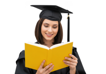 A smiling young woman wearing a graduation cap and gown reads an open yellow book isolated on transparent background