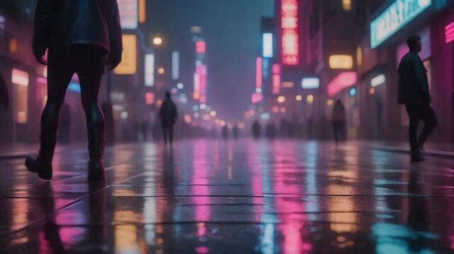Handheld shot of neon lights reflecting on wet pavement in a busy city street at night, people passing by, vibrant cyberpunk aesthetic
