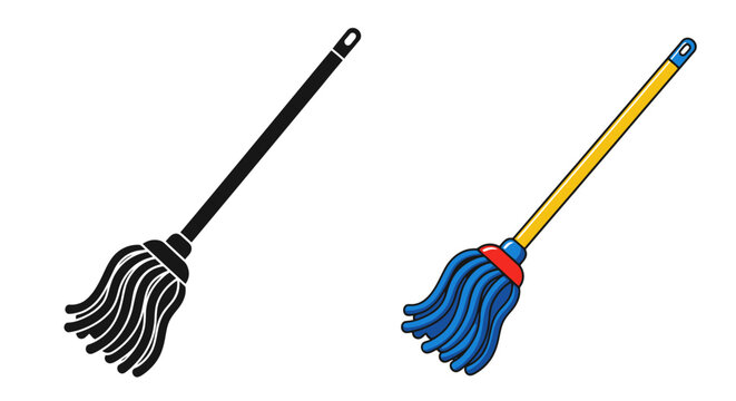 Two mops depicted in contrasting styles outline and full color versions