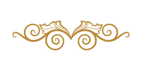 Elegant golden ornamental flourish with decorative leaves and swirled lines on a white background