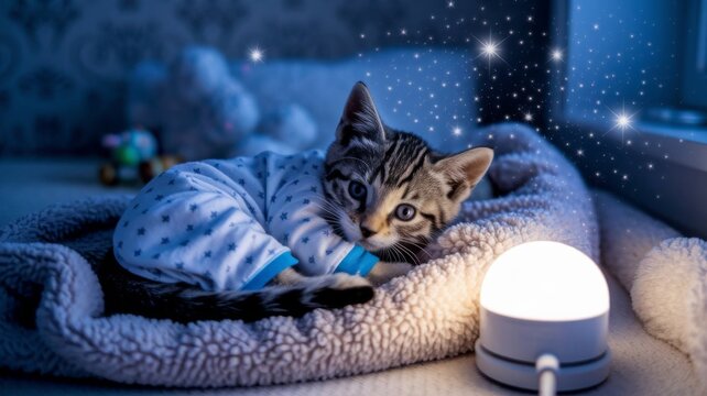 Cute kitten sleeping in pajamas under cozy lights