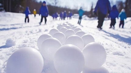 Perfectly round snowballs in a line on a snowy path, with people in blue jackets enjoying winter activities