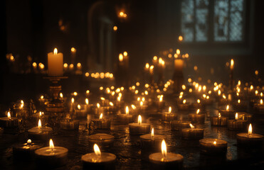 Candle flame glow dark moody tranquil candlelight fills dim room with warm serenity