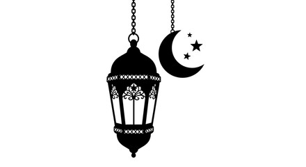 Elegant black silhouette of a hanging lantern with crescent moon and stars © Mstsalma