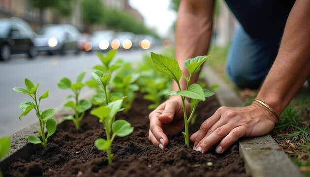 Person plants green seedlings in soil along city street with cars driving by. Growing urban garden for sustainability and beautification. Nature in metropolis. - Powered by Adobe