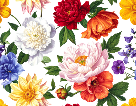 A vibrant floral pattern featuring meticulously rendered flowers in full bloom. The blooms are against a black background