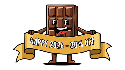 Chocolate Celebration: A charming chocolate bar character enthusiastically promotes a Happy 2026 - 30% Off offer, perfect for holiday-themed or promotional materials.