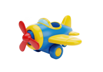Vibrant blue and yellow toy airplane with red propeller isolated on transparent background