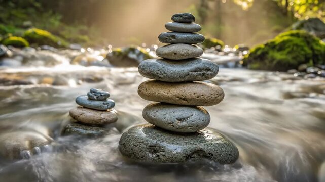 Stacked smooth stones in flowing water with forest sunlight