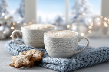Warm coffee drinks with winter patterns, cozy cookies, and twinkling garlands by a snow-covered window, creating a serene, inviting atmosphere