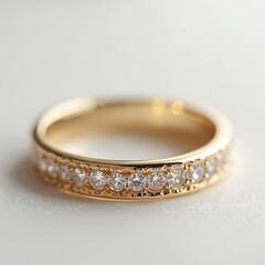 Gold ring with row of diamonds. Fine jewelry for women. Symbol of love, romance, engagement, marriage. Luxurious accessory for special occasions, gifts.