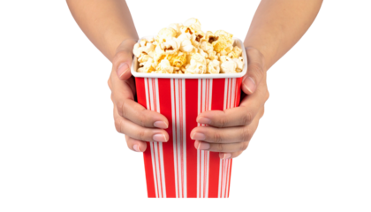 Hands Holding Popcorn on Square Paper Box Red White Striped, Isolated on Transparent Background