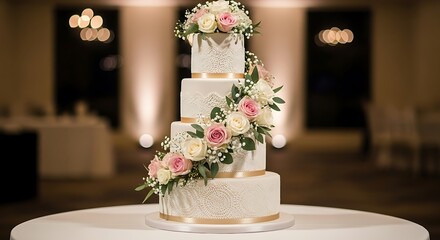 Elegant Wedding Cake Adorned with Pink and White Roses.