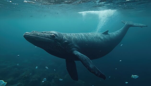 Blue whale swims in polluted ocean water with plastic waste. Marine life faces environmental issues. Conservation concept showcases ecological damage caused by pollution.
