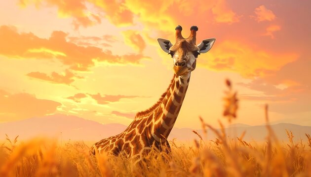 A giraffe stands tall in tall grass, bathed in warm sunset light