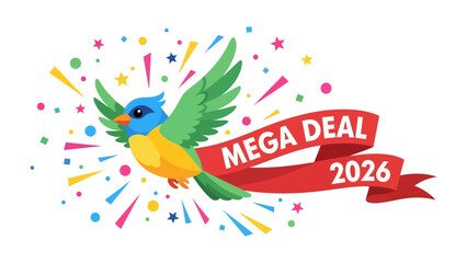 Mega Deal 2026: A vibrant and colorful design showcases a cheerful bird carrying a banner, advertising a MEGA DEAL 2026, surrounded by stars and celebratory sparkles.
