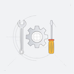 Vector illustration of a wrench, screwdriver, and gear, representing the concept of settings, repair, and technical maintenance