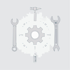 Gear, Wrench, Hammer, and Pencil Vector Illustration of Engineering Tools and Components