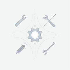 Minimalist line art illustration representing the process of system setup, customization, and creative development with essential tools