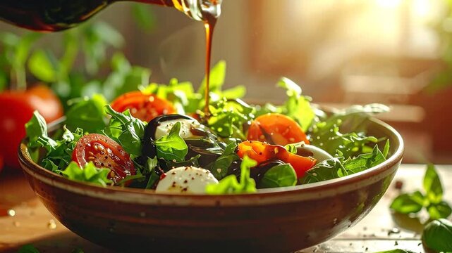 Pouring Balsamic Glaze Over Fresh Caprese Salad