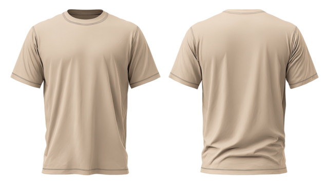 Plain tan t-shirt, front and back views, digital rendering