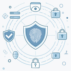 Obraz premium Illustration representing online security, privacy, and data protection with a central fingerprint shield surrounded by technology icons
