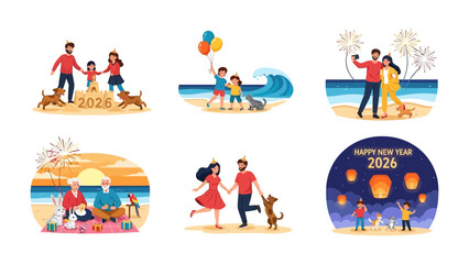 New Year's Celebrations with Family: A colorful depiction of families enjoying different New Year celebrations, set on various settings, showcasing the joy and togetherness of the holiday.