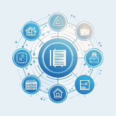 Digital network hub connecting various services and everyday essentials, illustrating integrated online solutions for modern living and efficient management