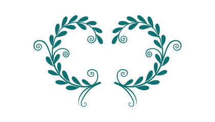 Fototapeta premium Green leafy branches forming heart shape frame with elegant curls and swirls on white