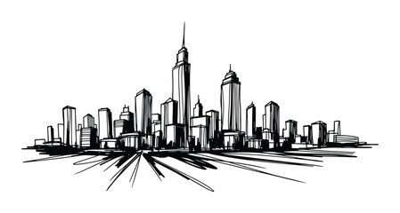 Obraz premium Hand drawn cityscape. urban street scene. modern downtown panorama with skyscrapers