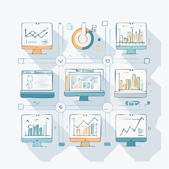 Digital interface grid displaying financial analytics, statistics, and business intelligence reports on multiple computer screens