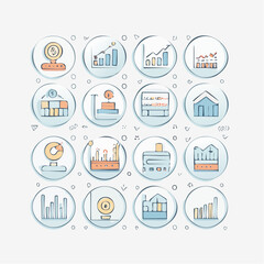 Business and finance illustrations set Charts, graphs, market analysis, reports, progress, and financial growth icons