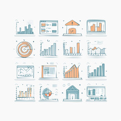 A comprehensive set of modern outline icons illustrating data analytics, financial reporting, and business intelligence concepts