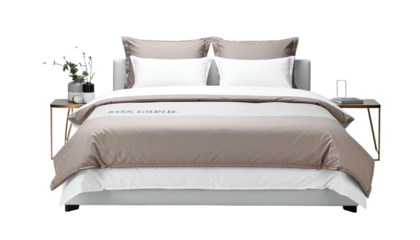 Elegant bedding pillows, duvet, and side tables