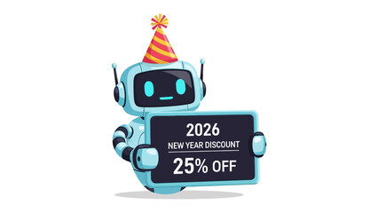 2026 New Year Discount: A cheerful robot wearing a festive party hat proudly presents a sign, advertising a 25% discount for the upcoming New Year