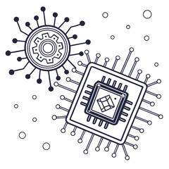 Obraz premium Illustration of a computer chip and a gear with radiating lines