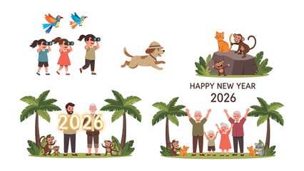 New Year's Nature Celebration 2026: An illustrated scene of children birdwatching, accompanied by a happy dog and other friendly animal species in the cheerful festive setting.