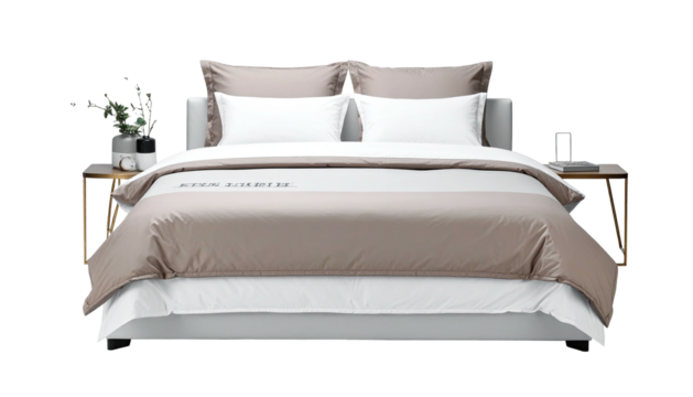 Elegant bedding pillows, duvet, and side tables