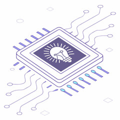 Isometric illustration of a computer chip with a light bulb
