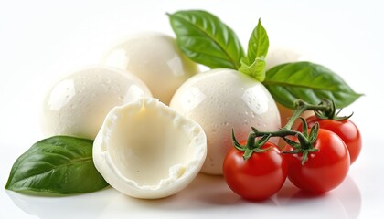 Fresh mozzarella balls with ripe cherry tomatoes and basil leaves on white background. Ingredients for classic Italian caprese salad. Healthy vegetarian appetizer for Mediterranean diet food menu.