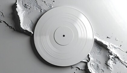 A pristine white vinyl record sits centered on a monochrome, textured surface that resembles a stylized geographical map