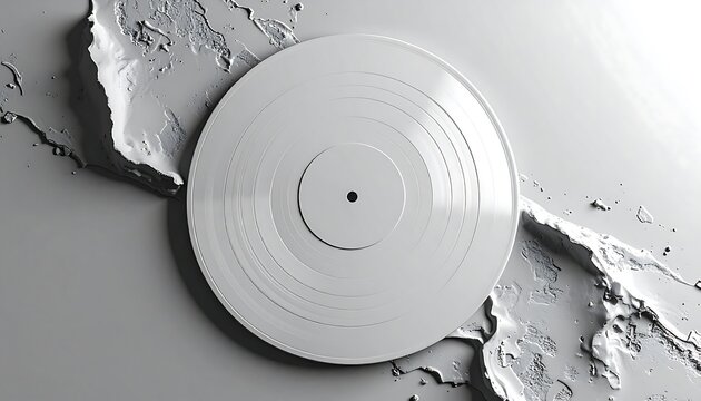 A pristine white vinyl record sits centered on a monochrome, textured surface that resembles a stylized geographical map